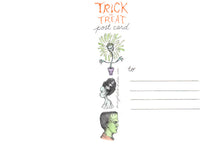 Load image into Gallery viewer, Frankenstein and Bride Halloween- Trick or Treat - postcard - 4 x 6" by Marybel Martin