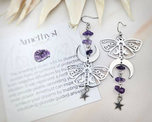 Load image into Gallery viewer, Mismatch Amethyst Luna Moth Earrings
