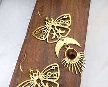 Load image into Gallery viewer, Tigers Eye Moth Moon Earrings
