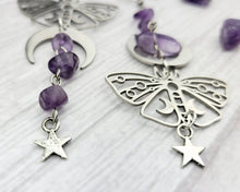 Load image into Gallery viewer, Mismatch Amethyst Luna Moth Earrings