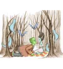 Load image into Gallery viewer, Frankenstein and Bride Halloween- Trick or Treat - postcard - 4 x 6" by Marybel Martin