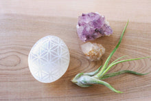 Load image into Gallery viewer, Etched Selenite Palmstone "Flower of Life" Sacred Geometry