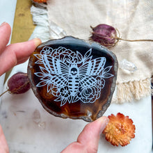 Load image into Gallery viewer, "Moth" Halloween Decor Engraved Agate Slice Gemstone Crystal