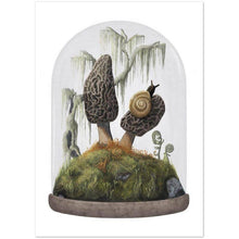 Load image into Gallery viewer, Morel Mushroom Snail Card- Vintage Cloche Terrarium Scene