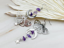 Load image into Gallery viewer, Mismatch Amethyst Luna Moth Earrings