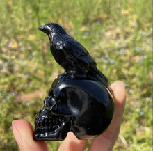 Load image into Gallery viewer, Obsidian Skull and Crow/Raven Carving