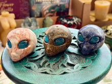 Load image into Gallery viewer, Crystal Alien Heads Skull Carvings w/ Catseye
