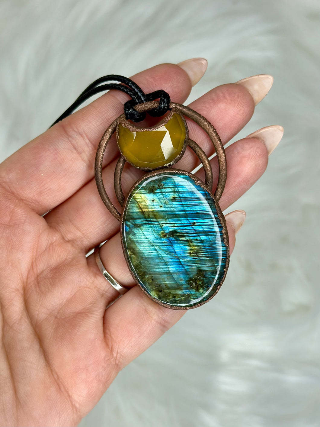 Labradorite and Chalcedony Moon Electroform Necklace