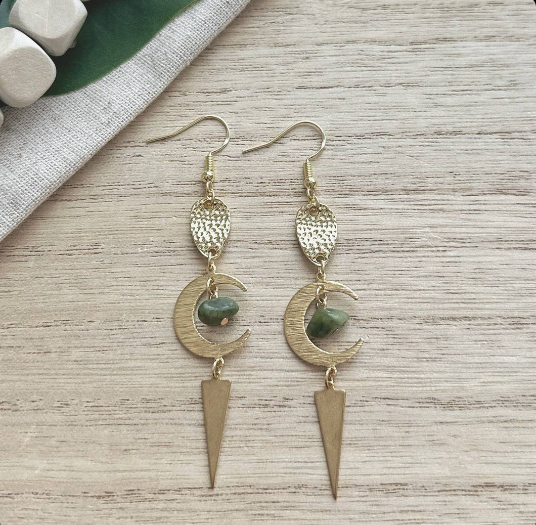 Green Jasper Moon Gold Earrings