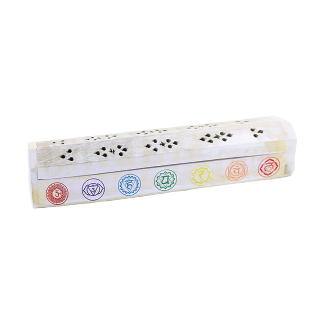 Hand Carved Wooden Incense Burner Box - 7 Chakras (White)