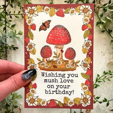 Load image into Gallery viewer, Cottagecore Mushroom and Strawberry Birthday Card 4x6
