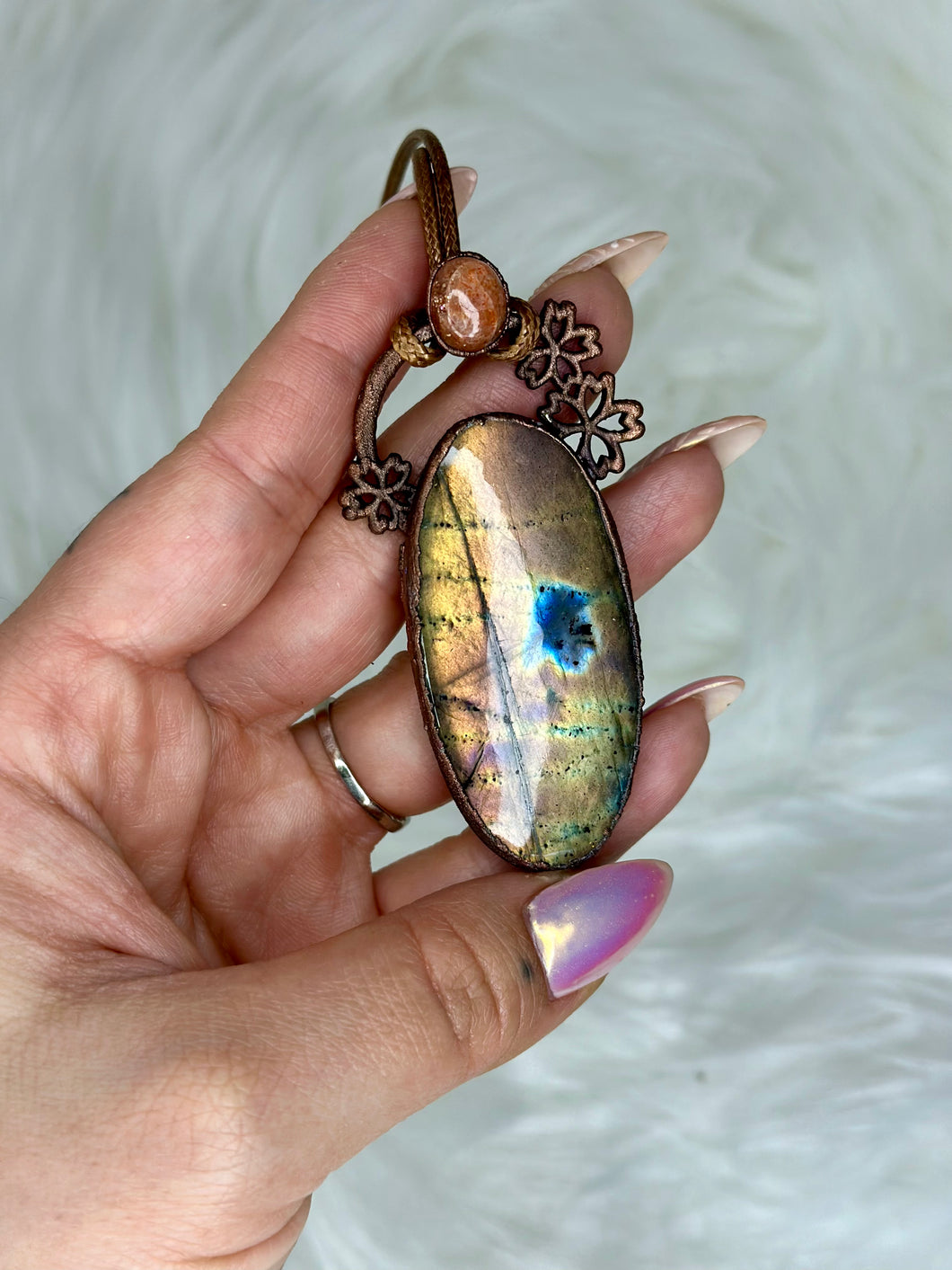 Labradorite and Sunstone Floral Electroform Necklace