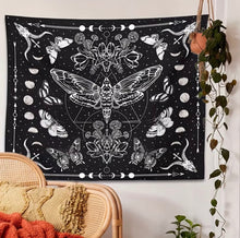 Load image into Gallery viewer, Moth Moon phase Skull Tapestry
