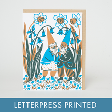 Load image into Gallery viewer, Hugging Bluebells Gnomes Greeting Card by Phoebe Wahl
