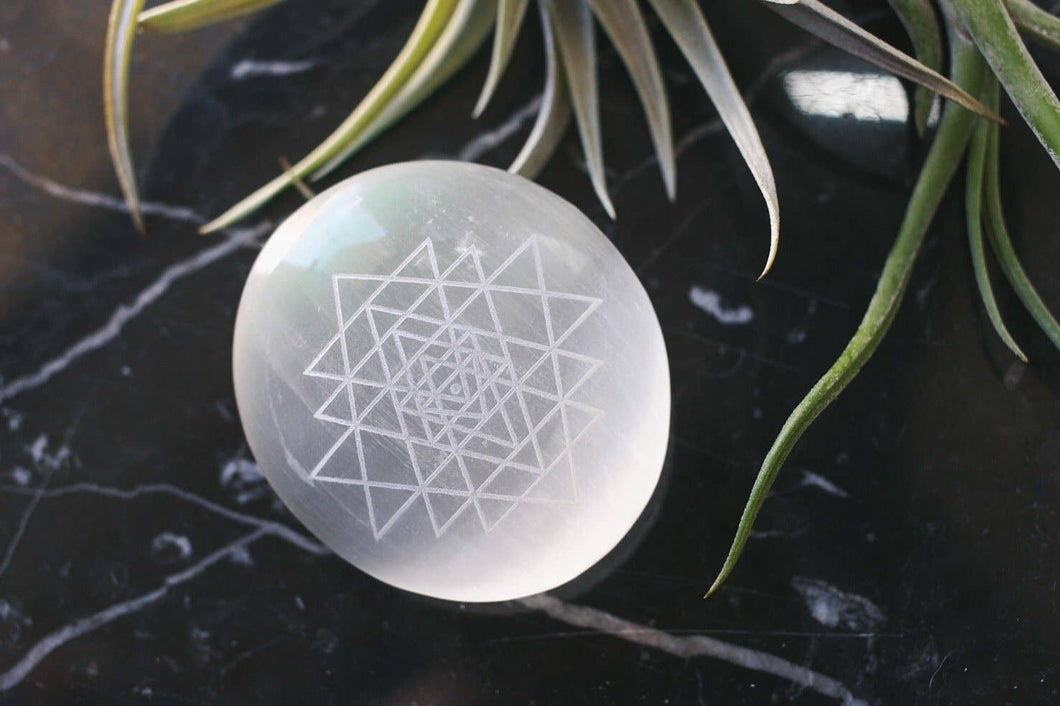 Etched Selenite Palmstone 'Sri Yantra Thin'