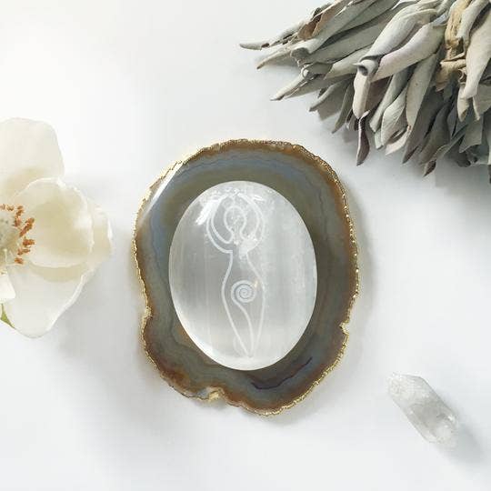 Etched Selenite Palmstone 'Ancient Goddess'