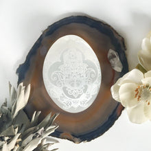 Load image into Gallery viewer, Selenite Hamsa Palm Stone - Elaborate design
