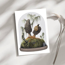 Load image into Gallery viewer, Morel Mushroom Snail Card- Vintage Cloche Terrarium Scene

