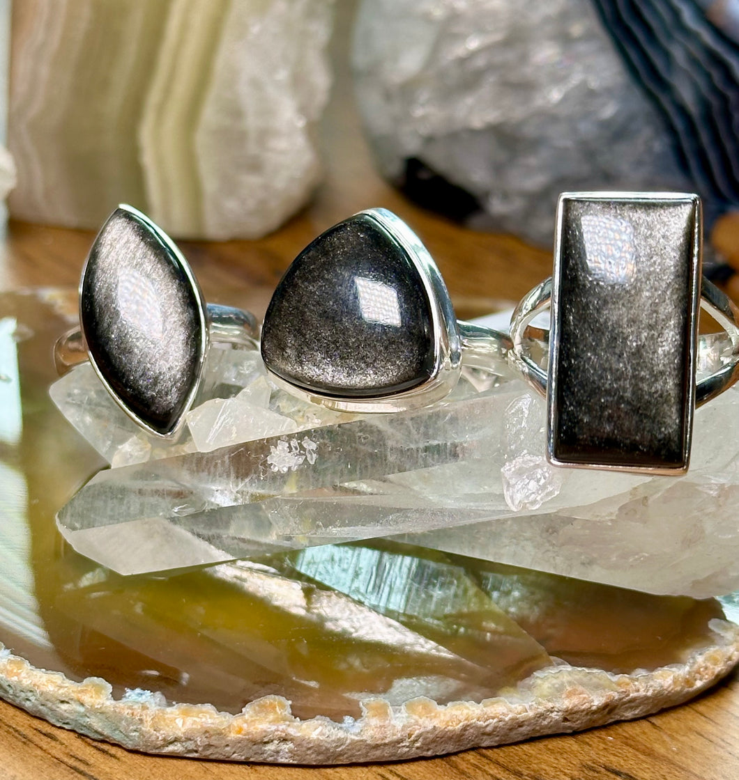 Silver sheen Obsidian Sterling Silver Rings
