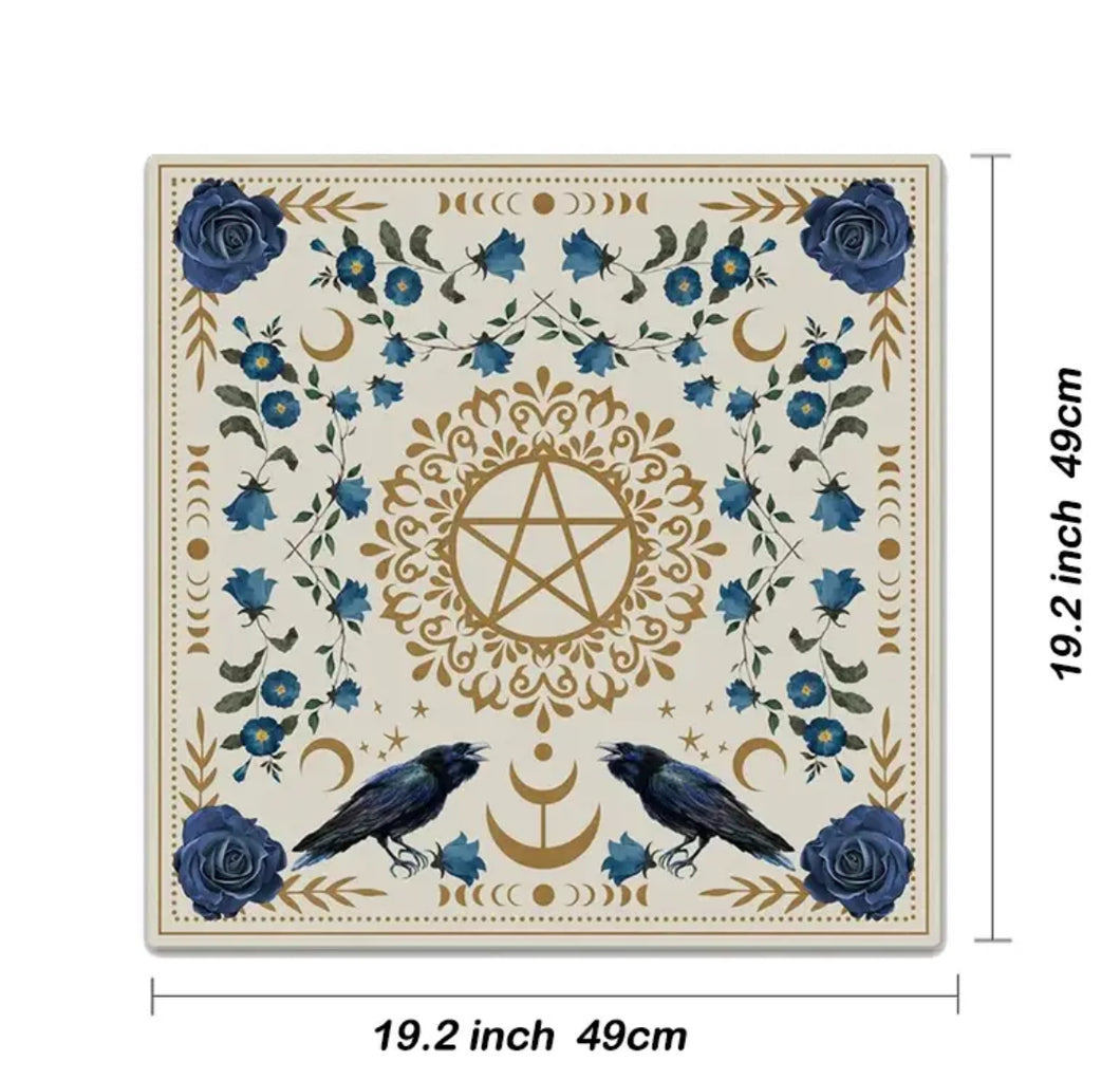 Altar Cloth - Blue Rose Pentacle Raven (20x20”)