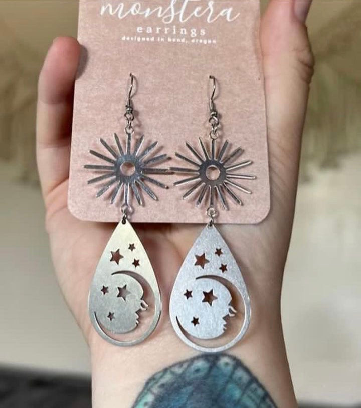 Silver Moon & Sun Teardrop Earrings