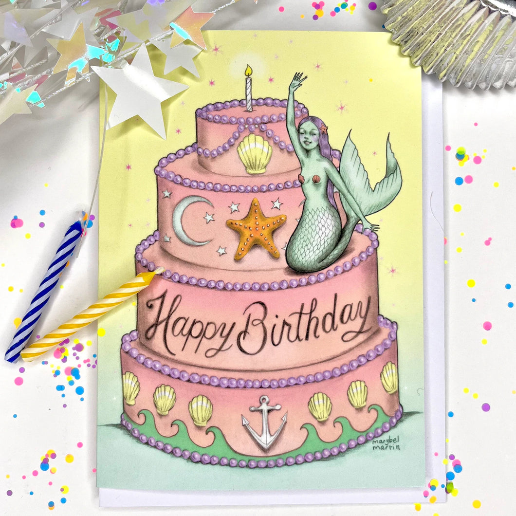 Happy Birthday Mermaid Cake - blank greeting card 4.5 