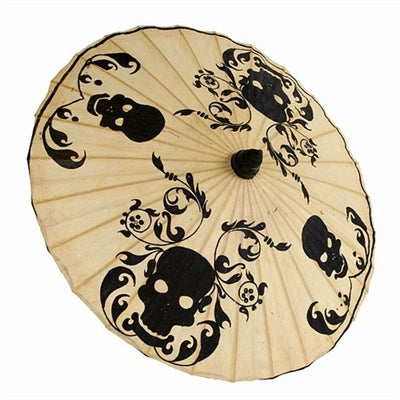 BLACK SKULLS WITH SCROLLS NATURAL PAPER PARASOL