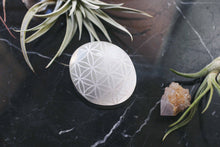 Load image into Gallery viewer, Etched Selenite Palmstone &quot;Flower of Life&quot; Sacred Geometry

