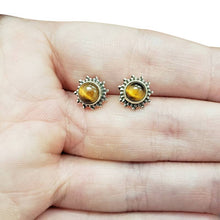 Load image into Gallery viewer, Tiger's Eye Sterling Silver Stud Earrings Sun Border
