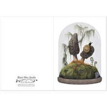 Load image into Gallery viewer, Morel Mushroom Snail Card- Vintage Cloche Terrarium Scene
