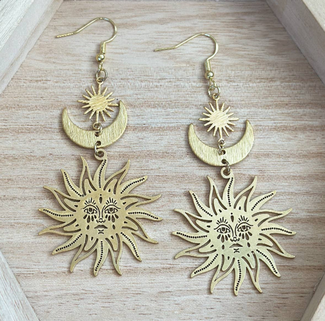 Crying Sun Long Dangle Moon Celestial Earrings