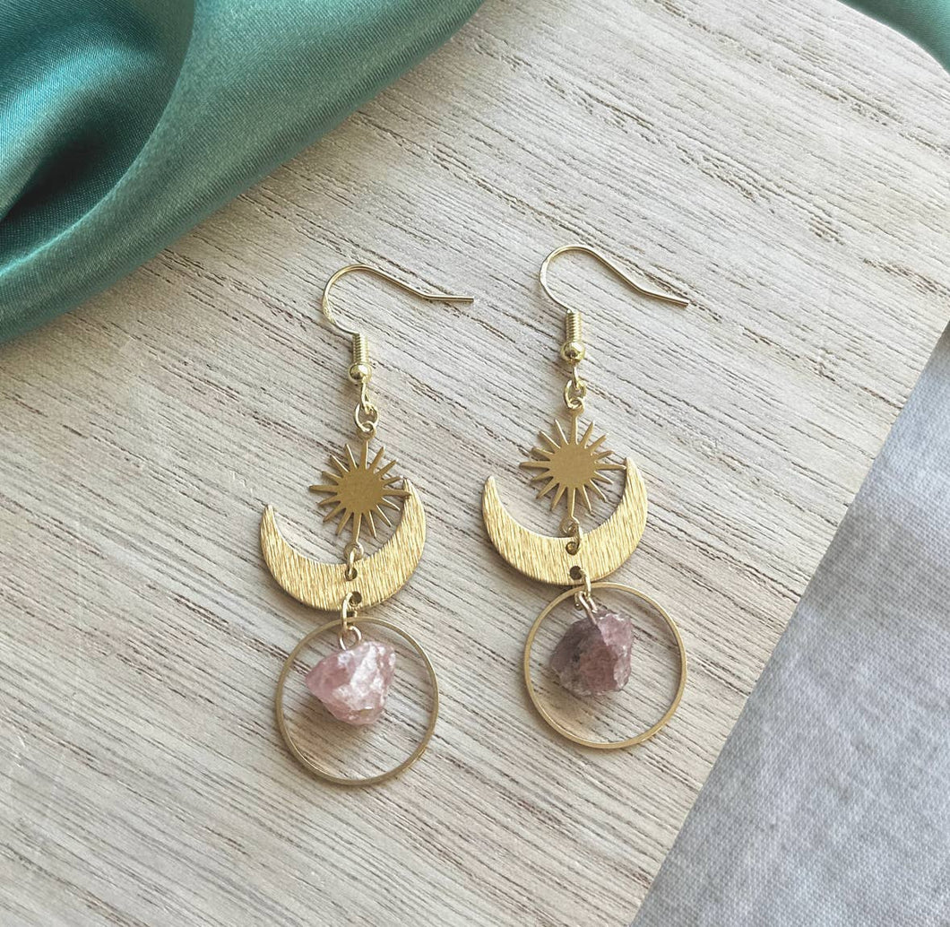 Strawberry Quartz Sun and Moon Gold Earrings