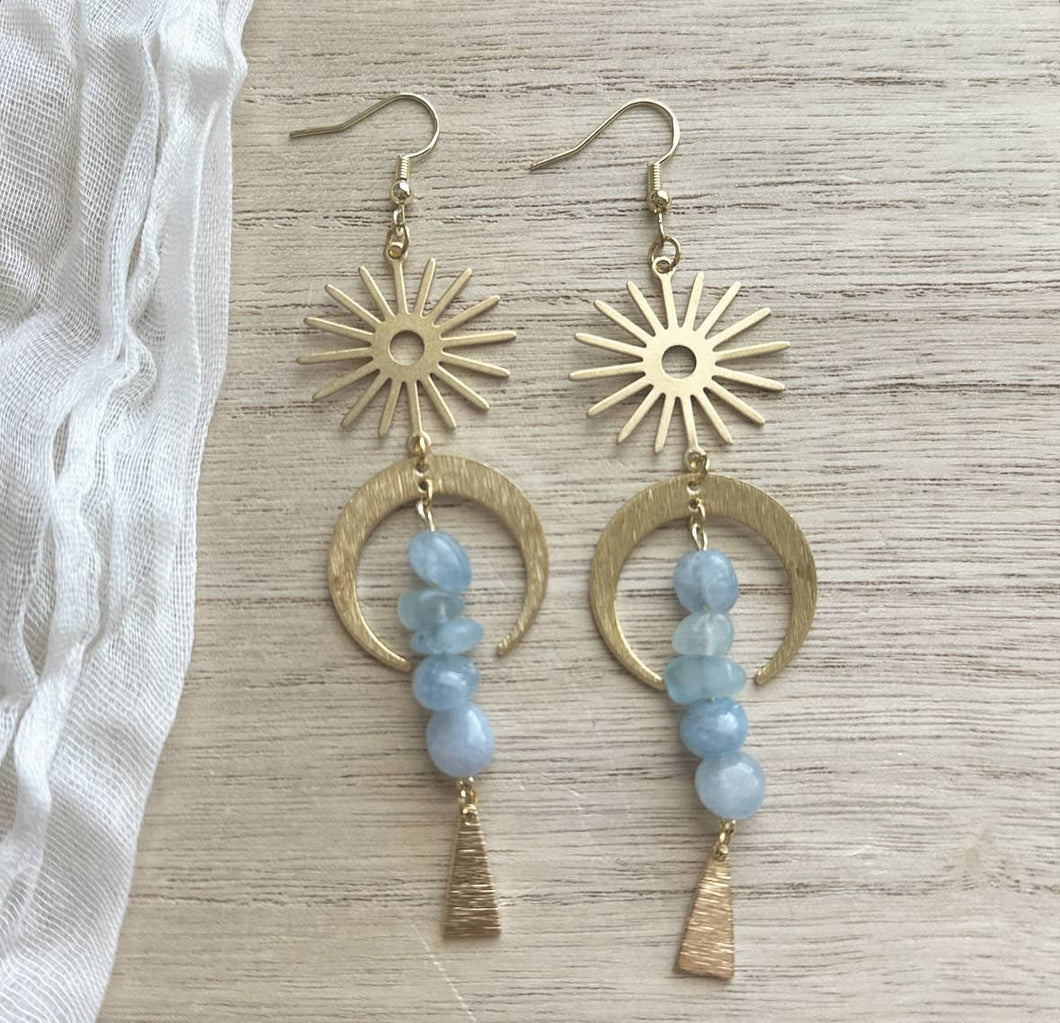 Aquamarine Sunburst Gold Earrings