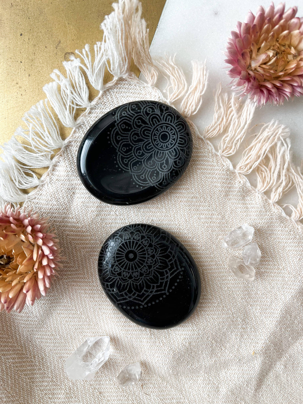 Obsidian Worry Stone - Etched Assorted Mandalas