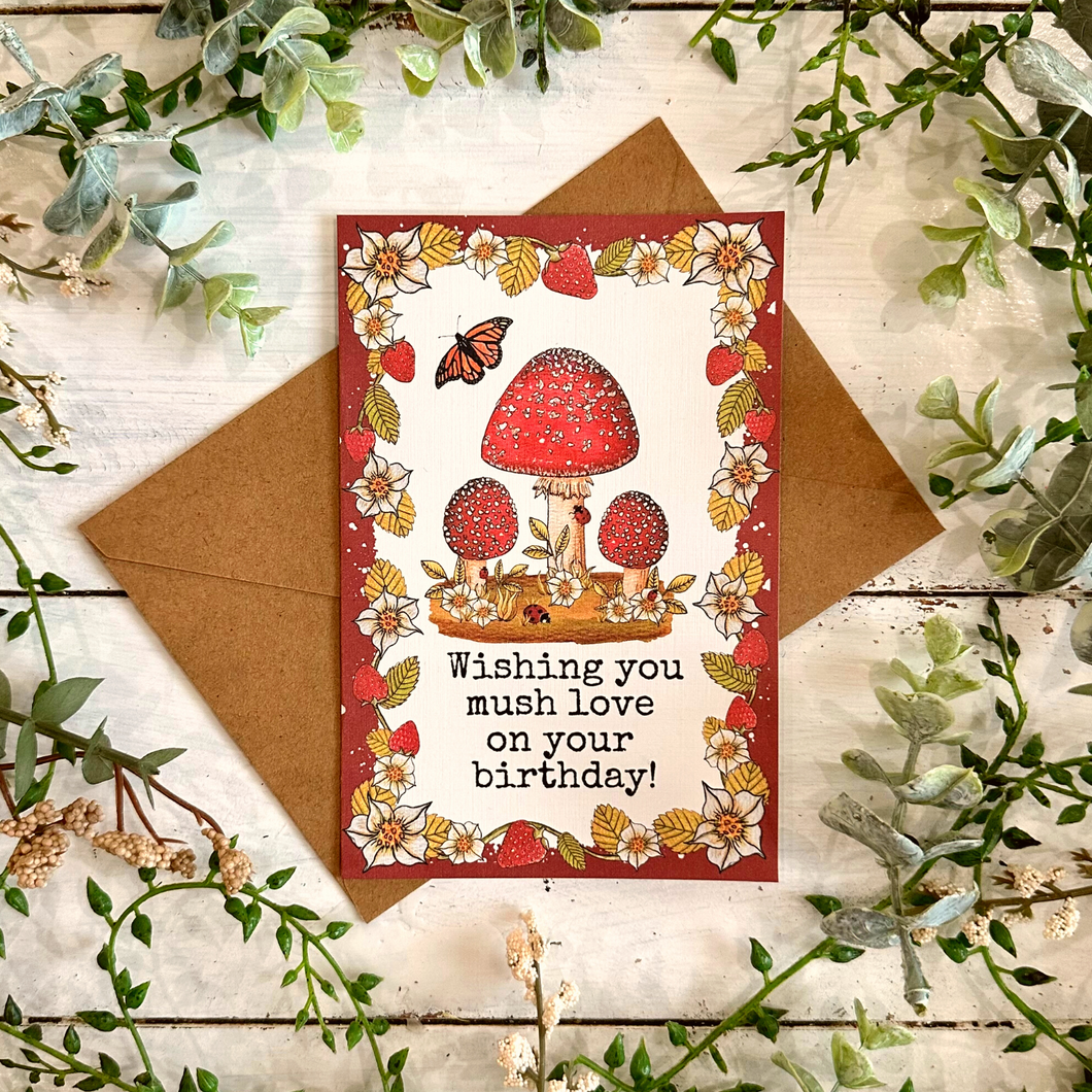 Cottagecore Mushroom and Strawberry Birthday Card 4x6