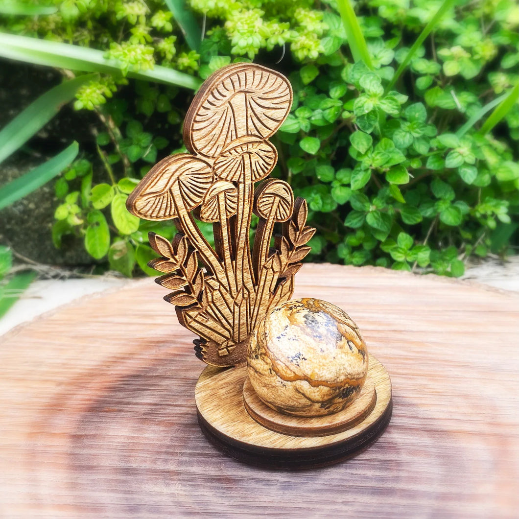 Mushroom & Crystal Wooden Sphere Stand