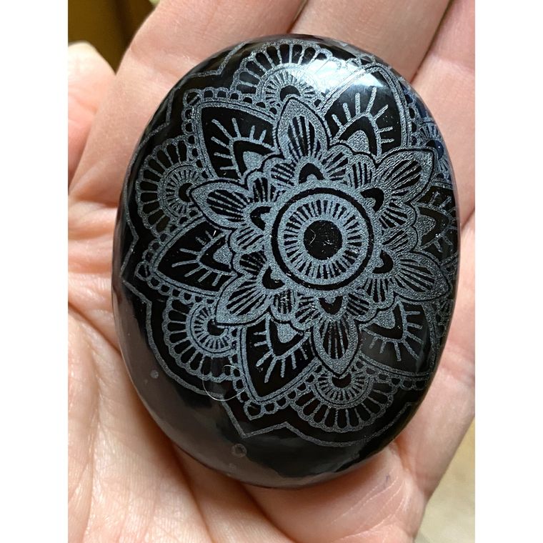 Black Obsidian Palm Stone-Engraved Mandala